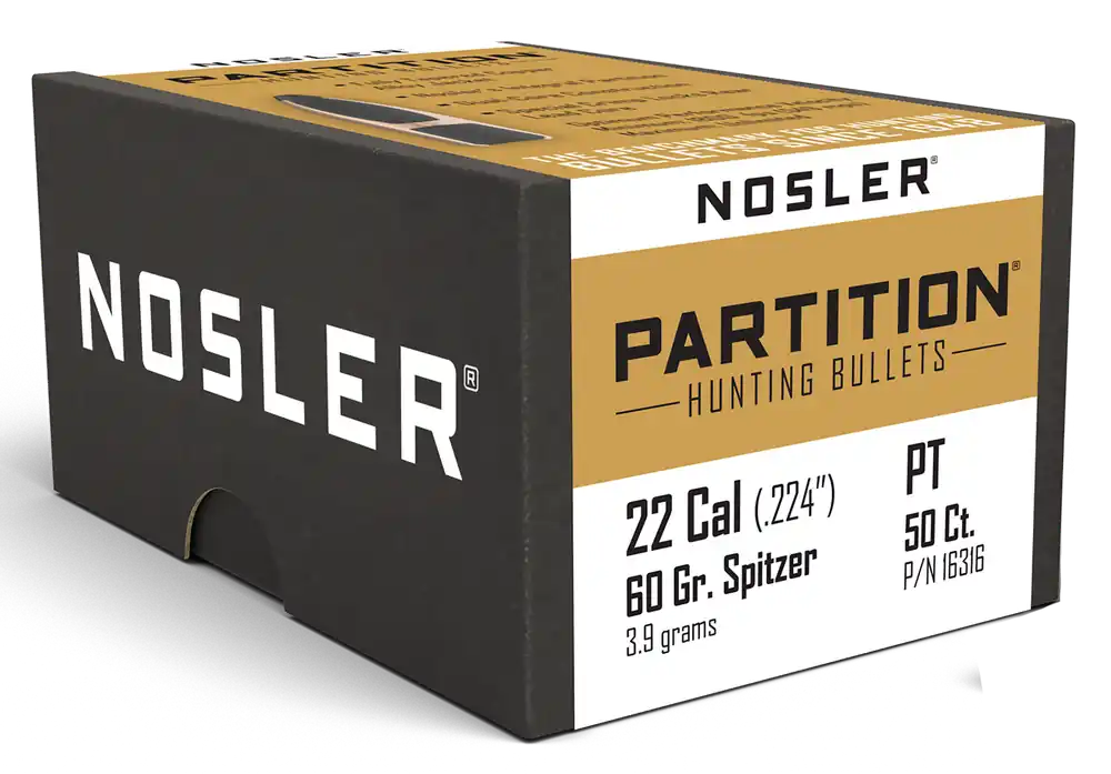 Nosler 16316 Partition 22 Caliber 60 Grain Spitzer Bullets - 50 Count Box