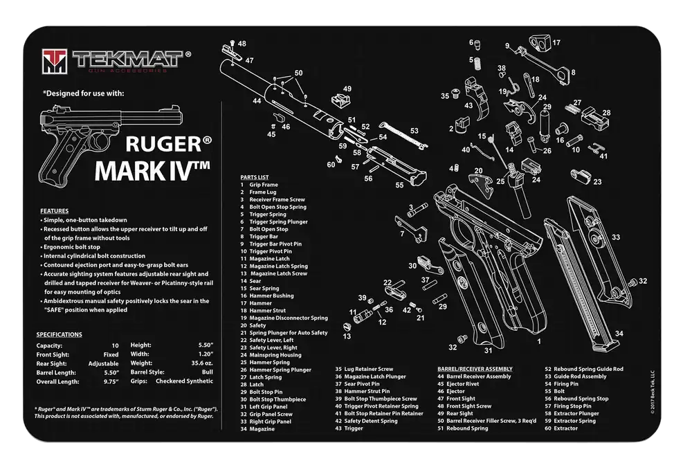 Ruger Mark IV Cleaning Mat with Parts Diagram - 11"x17" Black/White Rubber