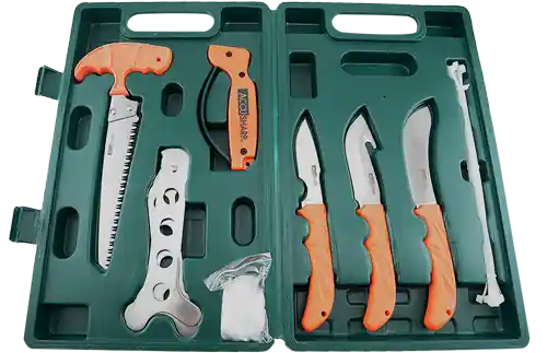 AccuSharp 728C Game Processing Kit: Butcher, Caper, Gut-Hook, Bone Saw, Ribcage Spreader with Orange FRN Handle