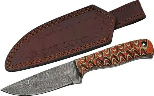 Damascus Wood Hunter Knife with Sheath - SZCO Rite Edge 4" Red Twisted Blade