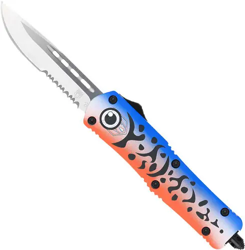 CobraTec FS3 Medium OTF Knife - 3" Serrated Drop Point Blade, Blue Handle
