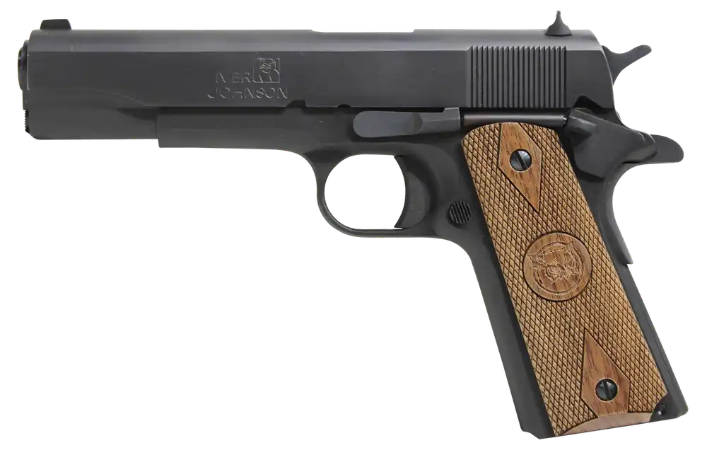 Iver Johnson 1911A1 38 Super Pistol - 9+1 Capacity, 5" Barrel, Matte Blued Finish, Walnut Grip