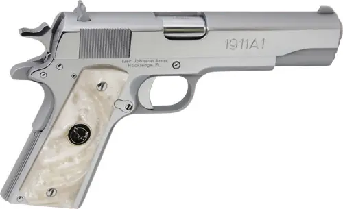 FS 8RD Chrome White Pearl Grips Iver Johnson 1911A1 .45 ACP 5"