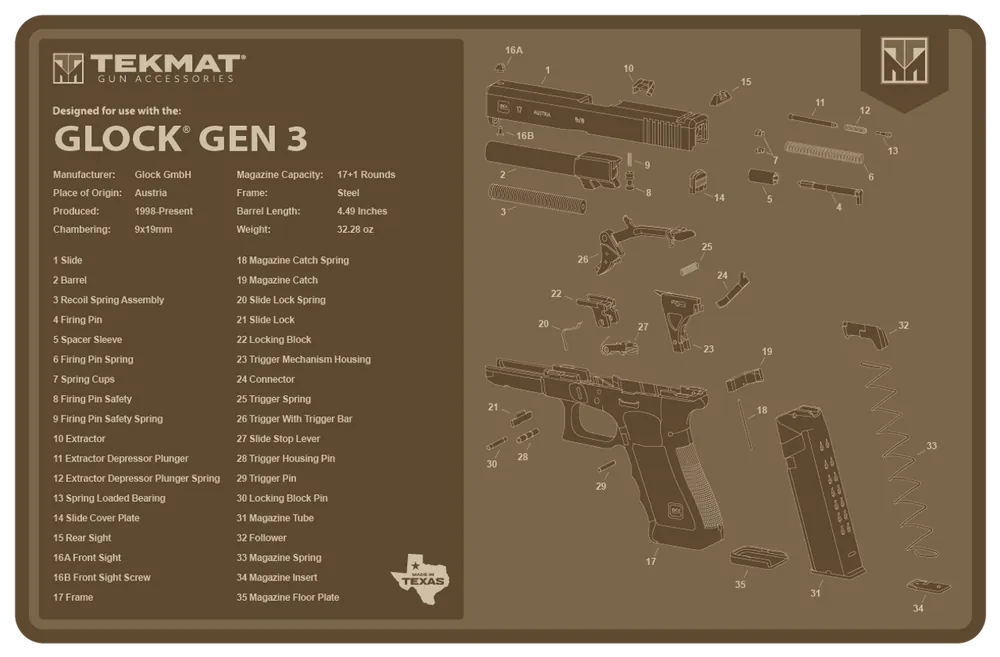 Glock Gen 3 Cleaning Mat with Parts Diagram - Flat Dark Earth 11"x17"