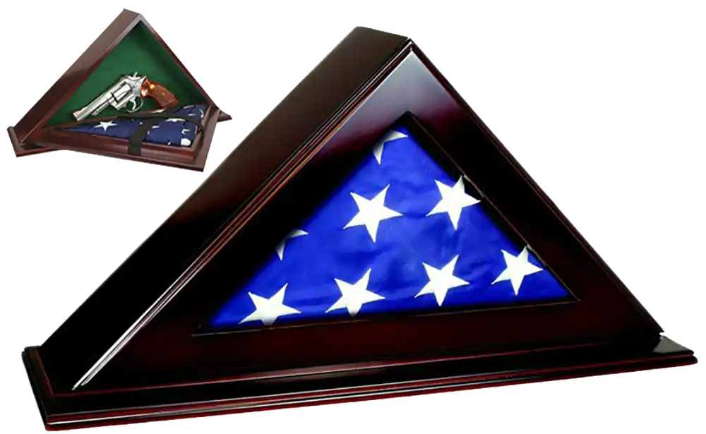 Mahogany Stain Wood Handgun Display Case with Key Entry - Peace Keeper PFC Patriot Flag Design