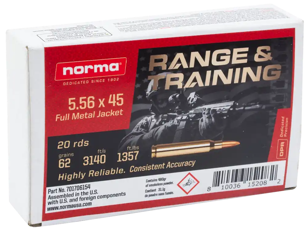 Norma 5.56x45mm NATO 62gr FMJ Ammo - 20 Rounds/Box