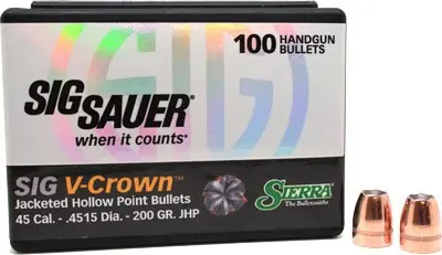 .45 Cal 200GR JHP SIG V-Crown Sierra Bullets - 100 Count