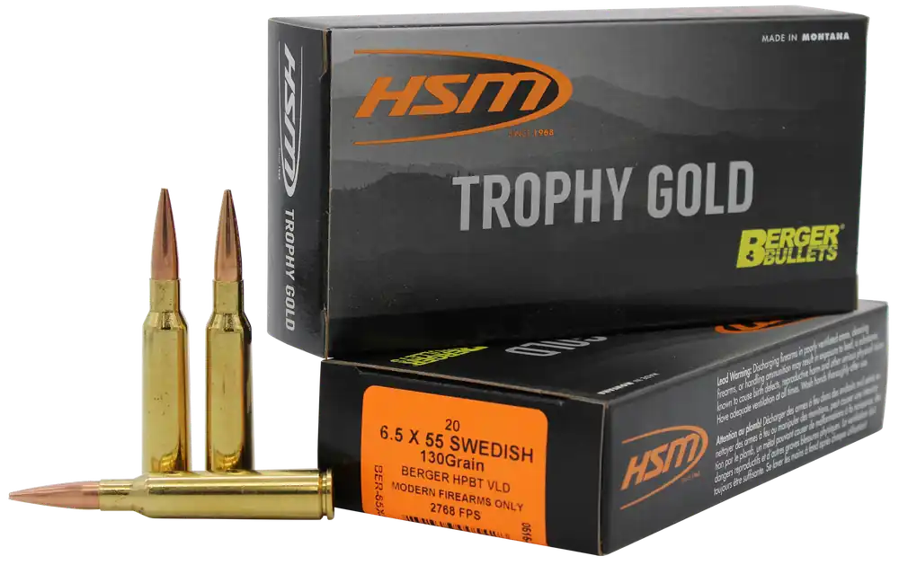 HSM Trophy Gold 6.5x55 Swedish 130gr Berger VLD Match Ammo - 20/Box